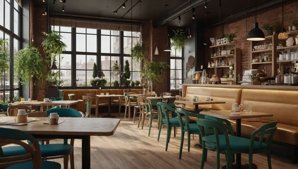 Restaurantinnenraum mit Holztischen, grünen Stühlen und Pflanzen an den Fenstern
